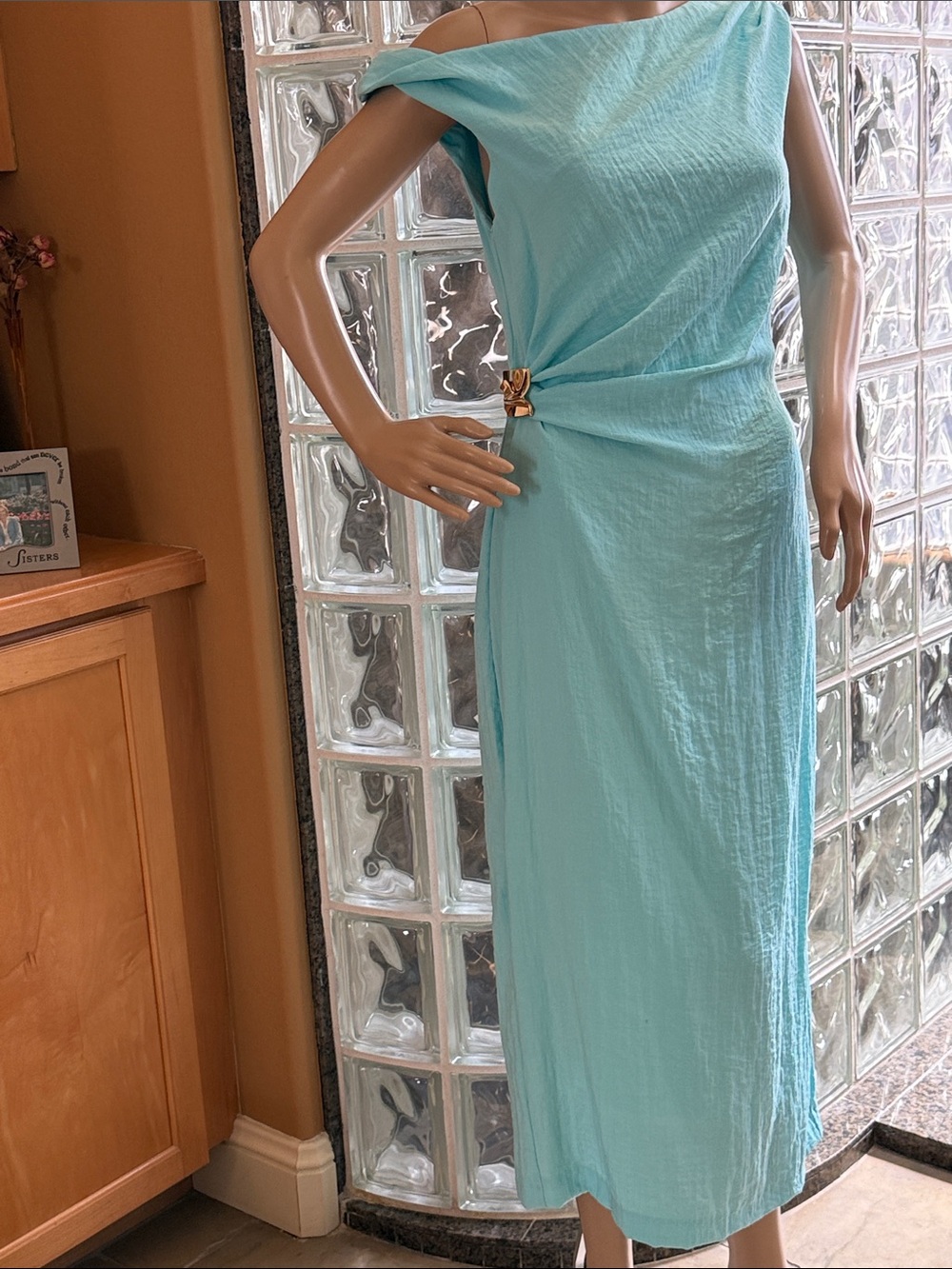 Zara One-Shoulder Turquoise Linen Blend Ruched Midi Dress Size: M